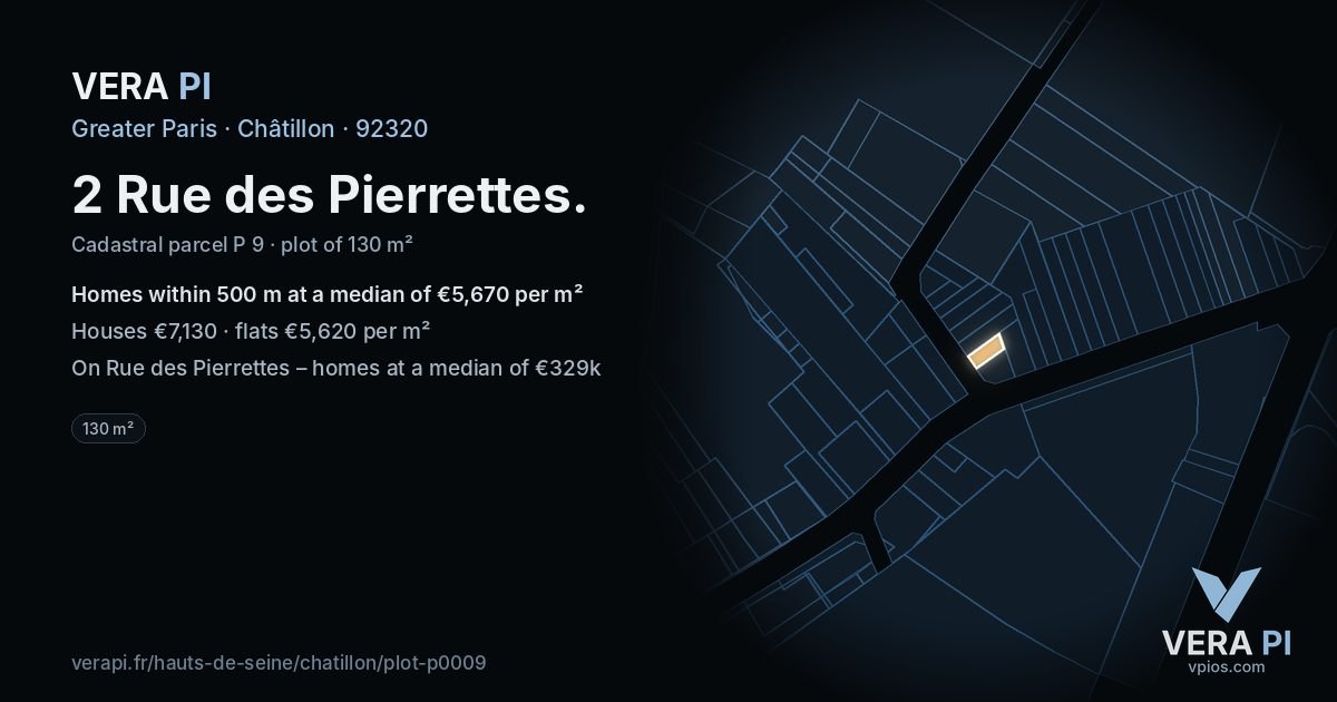 2 Rue des Pierrettes, Châtillon at night – the plot lit, the parcels around coloured by the prices near them