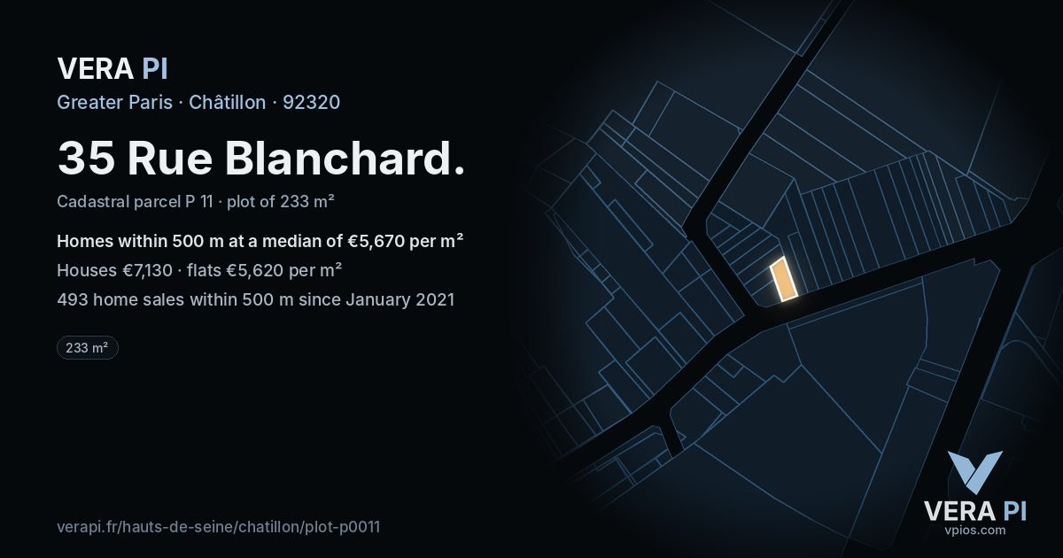 35 Rue Blanchard, Châtillon at night – the plot lit, the parcels around coloured by the prices near them