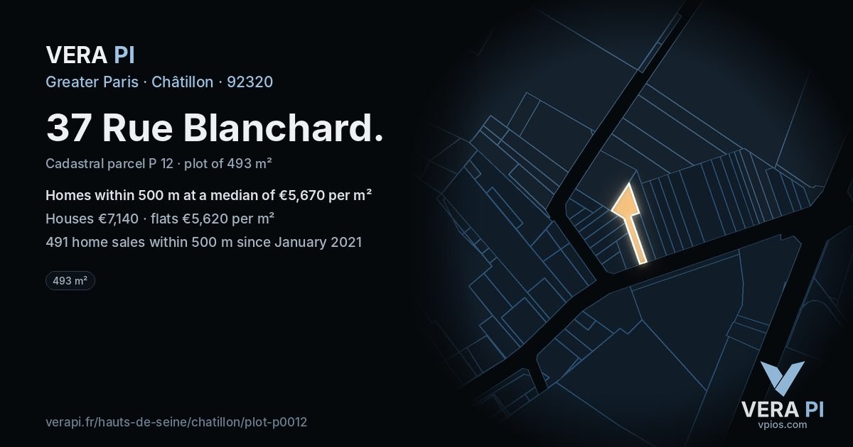 37 Rue Blanchard, Châtillon at night – the plot lit, the parcels around coloured by the prices near them