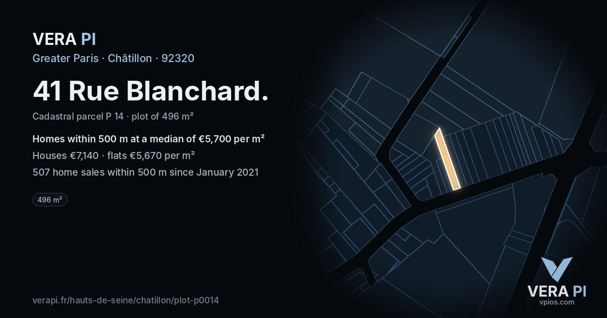 41 Rue Blanchard, Châtillon at night – the plot lit, the parcels around coloured by the prices near them