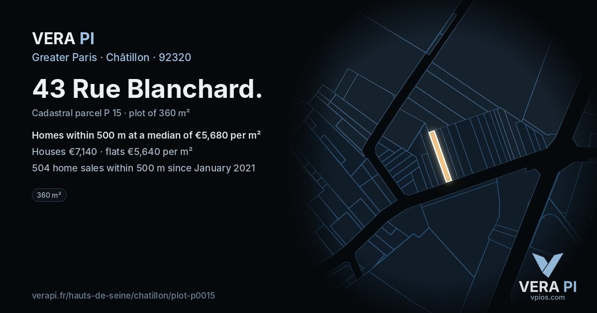 43 Rue Blanchard, Châtillon at night – the plot lit, the parcels around coloured by the prices near them