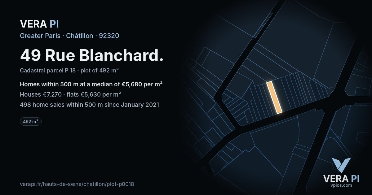 49 Rue Blanchard, Châtillon at night – the plot lit, the parcels around coloured by the prices near them