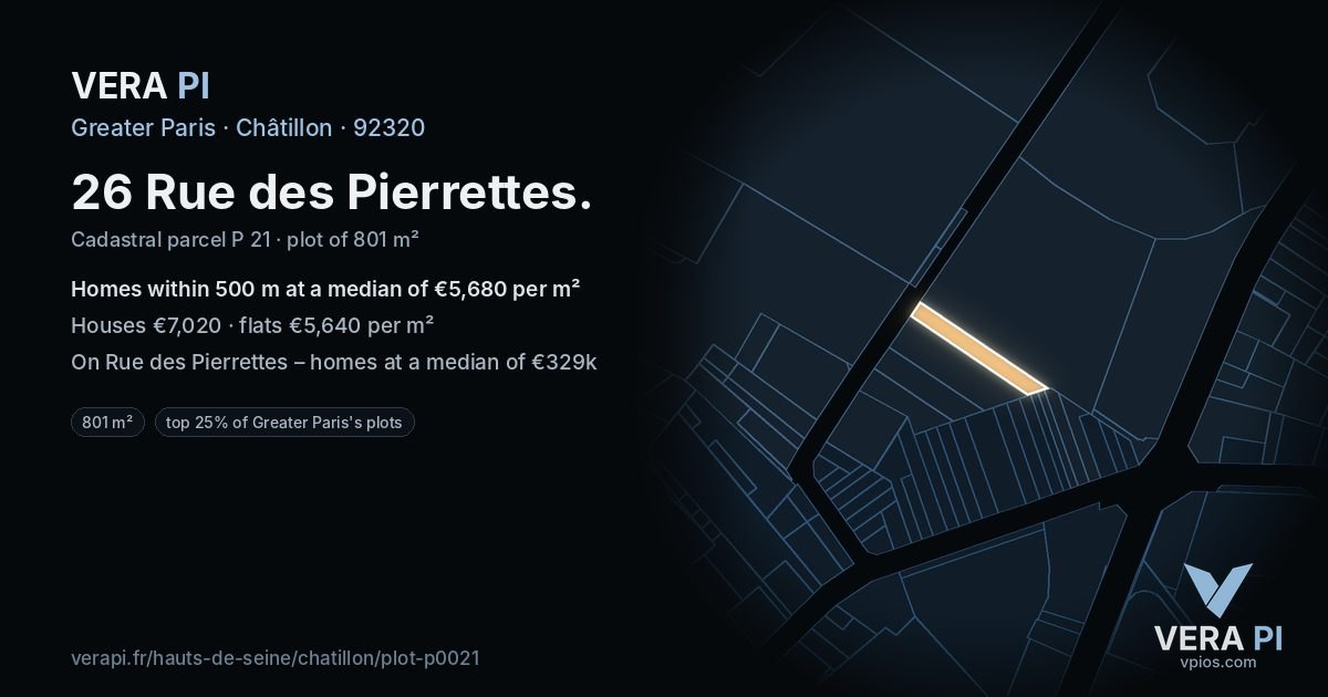 26 Rue des Pierrettes, Châtillon at night – the plot lit, the parcels around coloured by the prices near them