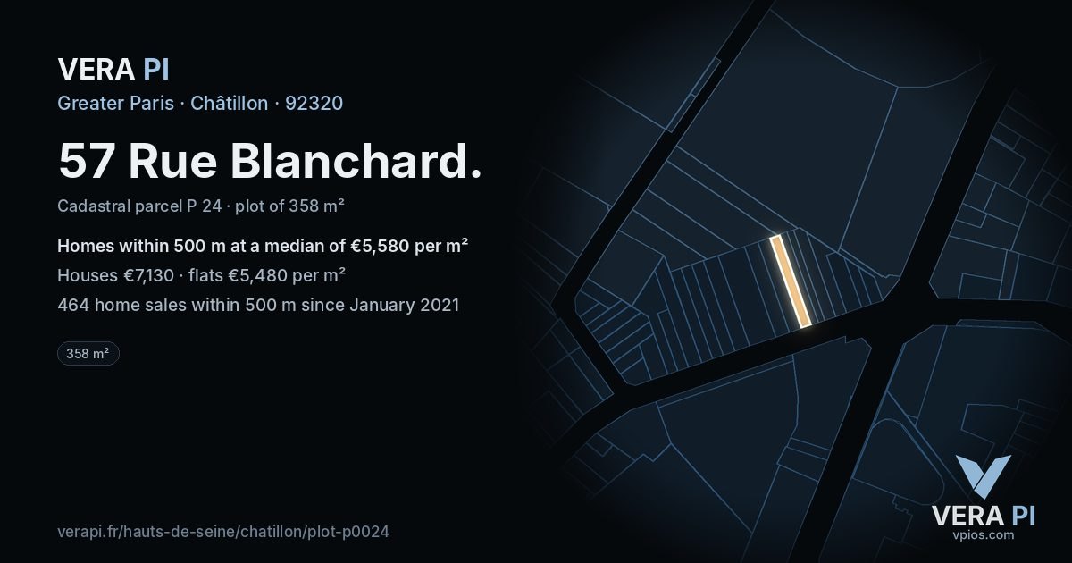 57 Rue Blanchard, Châtillon at night – the plot lit, the parcels around coloured by the prices near them