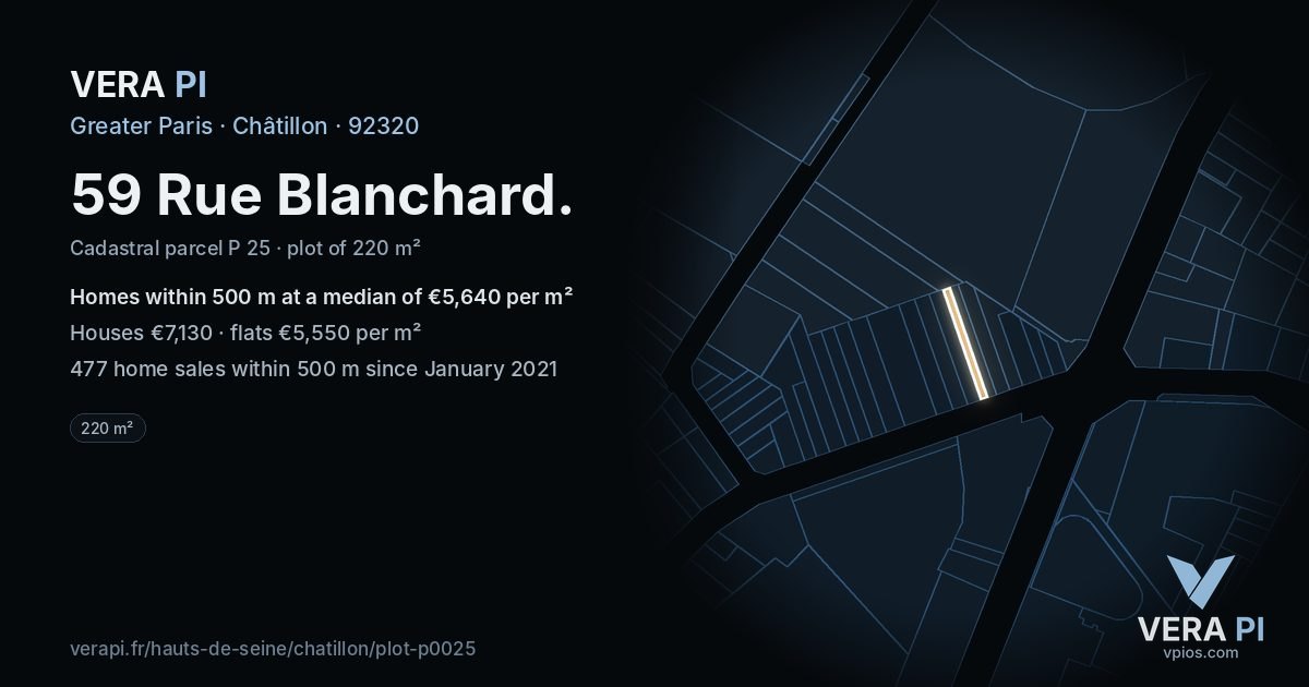 59 Rue Blanchard, Châtillon at night – the plot lit, the parcels around coloured by the prices near them