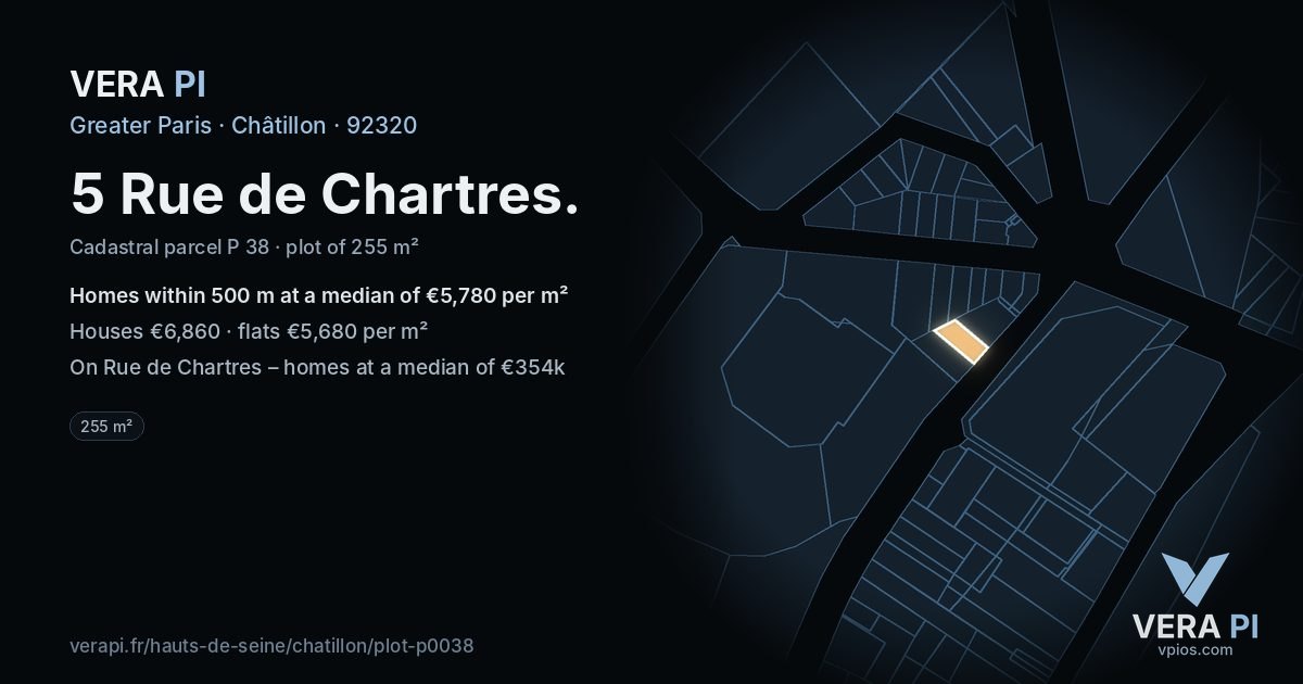 5 Rue de Chartres, Châtillon at night – the plot lit, the parcels around coloured by the prices near them