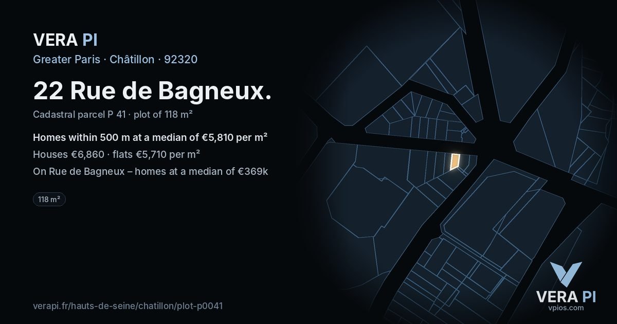 22 Rue de Bagneux, Châtillon at night – the plot lit, the parcels around coloured by the prices near them