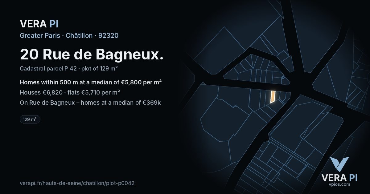 20 Rue de Bagneux, Châtillon at night – the plot lit, the parcels around coloured by the prices near them