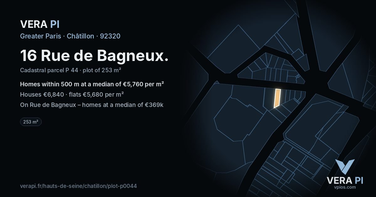 16 Rue de Bagneux, Châtillon at night – the plot lit, the parcels around coloured by the prices near them