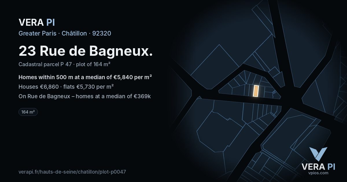 23 Rue de Bagneux, Châtillon at night – the plot lit, the parcels around coloured by the prices near them