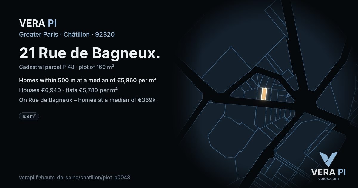 21 Rue de Bagneux, Châtillon at night – the plot lit, the parcels around coloured by the prices near them