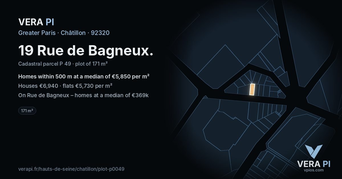 19 Rue de Bagneux, Châtillon at night – the plot lit, the parcels around coloured by the prices near them