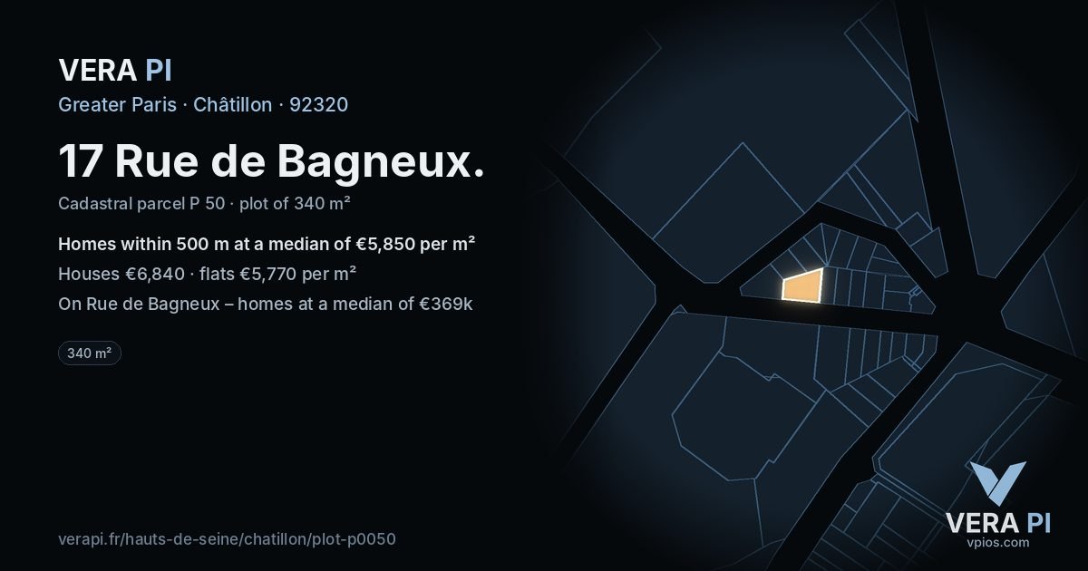 17 Rue de Bagneux, Châtillon at night – the plot lit, the parcels around coloured by the prices near them