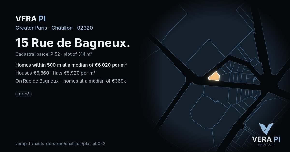 15 Rue de Bagneux, Châtillon at night – the plot lit, the parcels around coloured by the prices near them