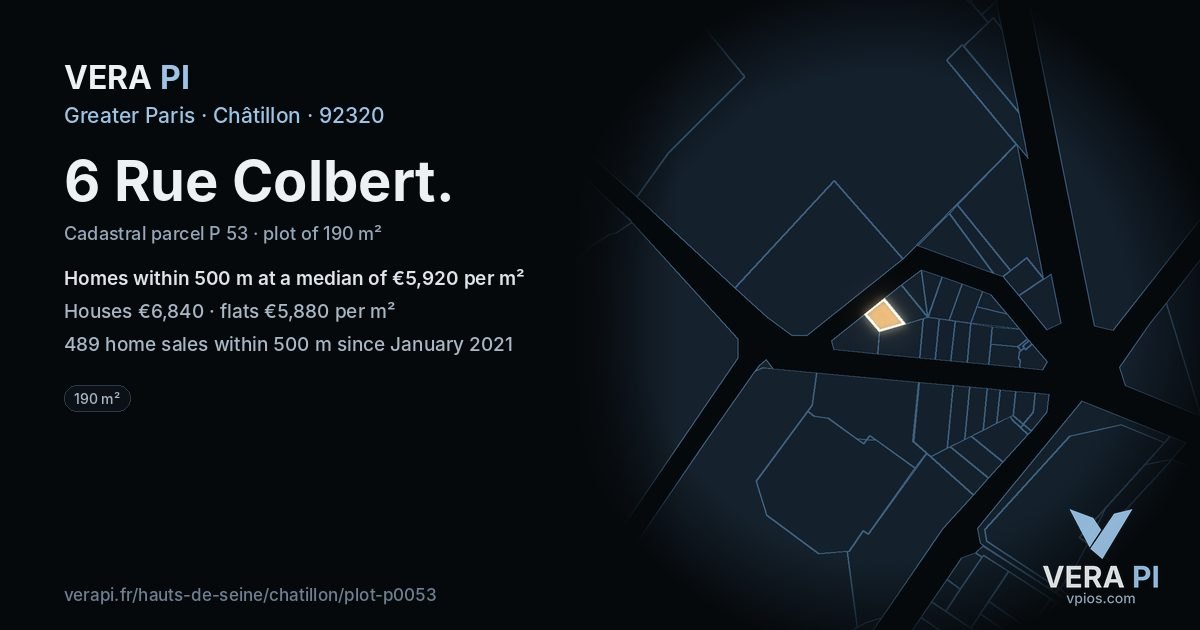 6 Rue Colbert, Châtillon at night – the plot lit, the parcels around coloured by the prices near them