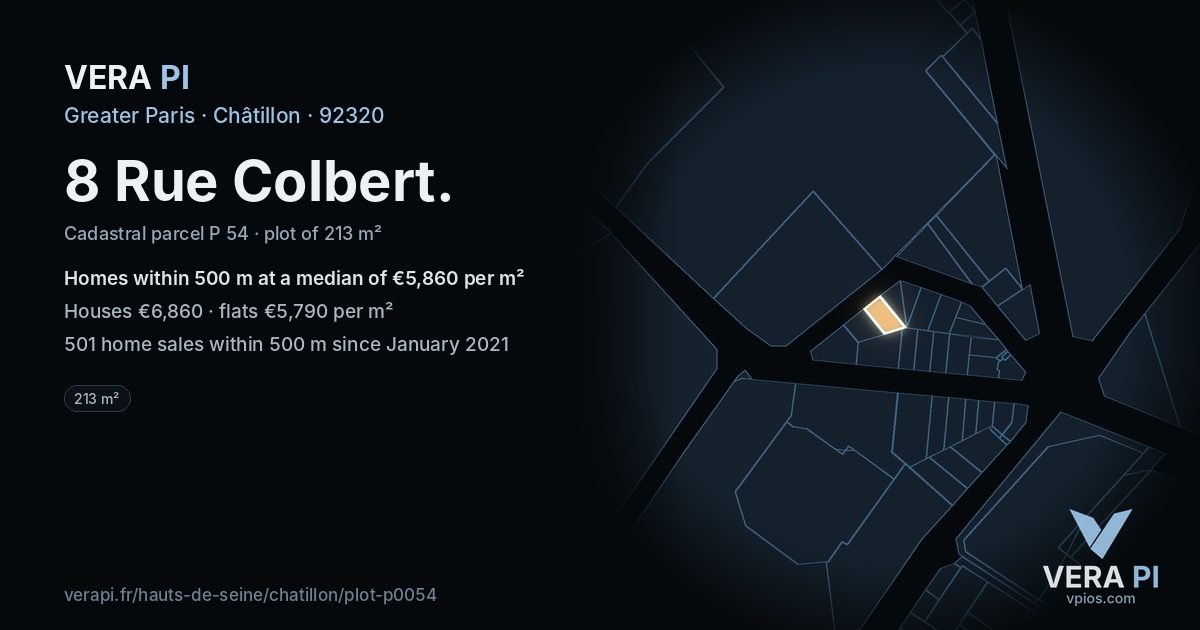 8 Rue Colbert, Châtillon at night – the plot lit, the parcels around coloured by the prices near them