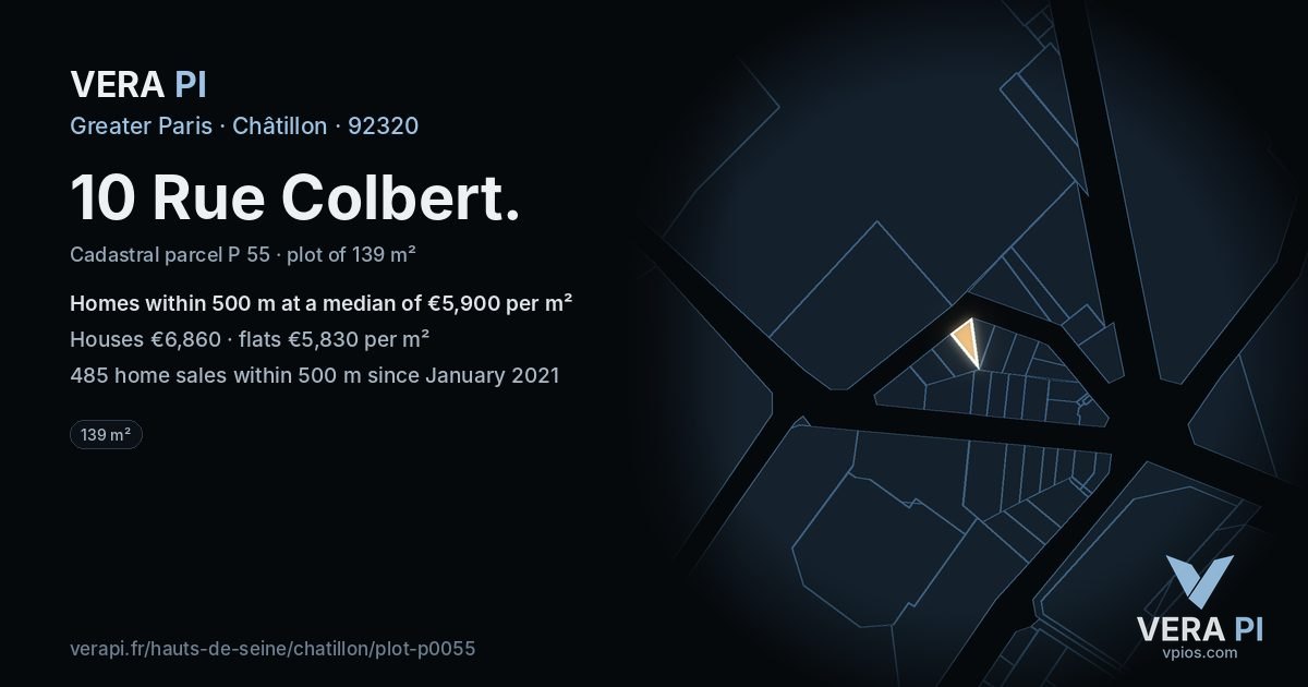 10 Rue Colbert, Châtillon at night – the plot lit, the parcels around coloured by the prices near them