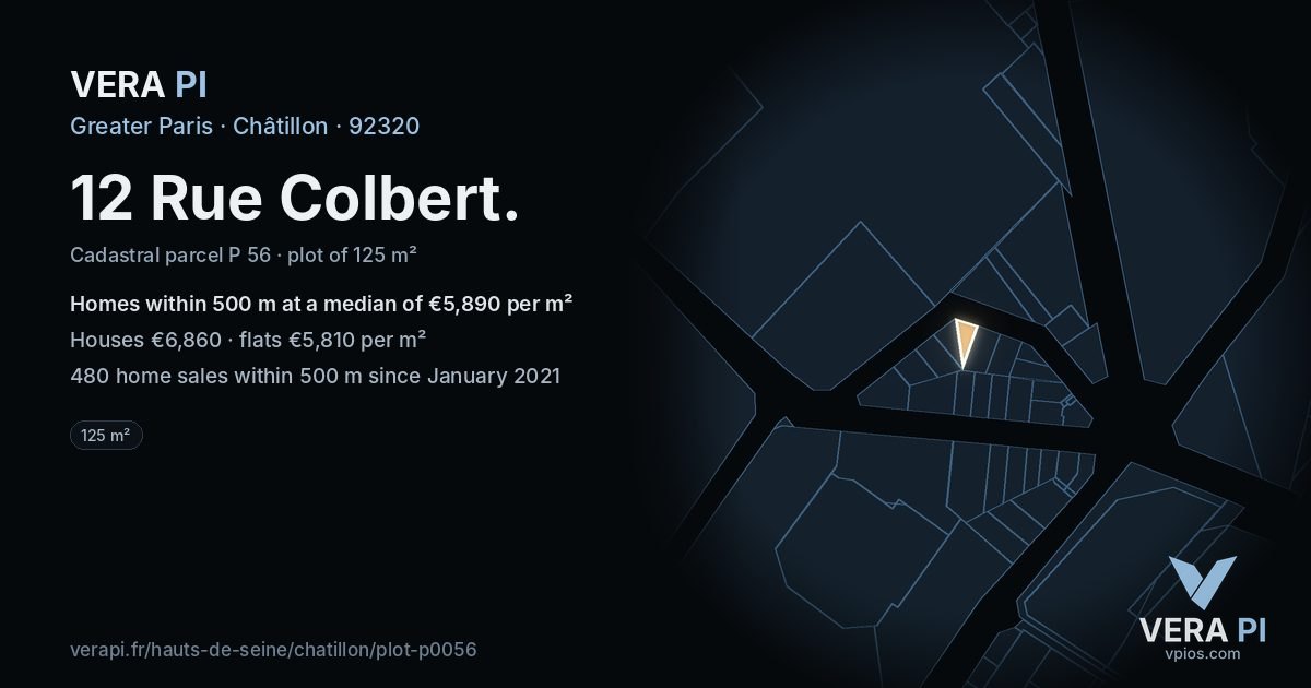 12 Rue Colbert, Châtillon at night – the plot lit, the parcels around coloured by the prices near them