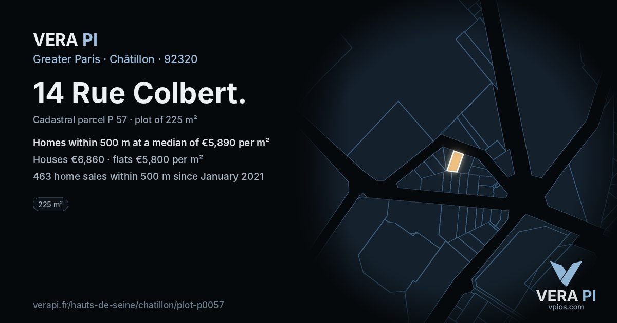 14 Rue Colbert, Châtillon at night – the plot lit, the parcels around coloured by the prices near them
