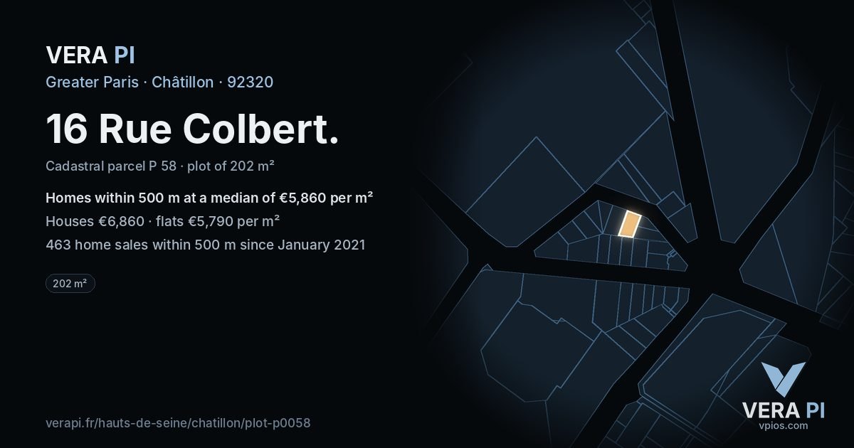 16 Rue Colbert, Châtillon at night – the plot lit, the parcels around coloured by the prices near them