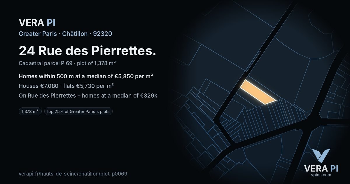 24 Rue des Pierrettes, Châtillon at night – the plot lit, the parcels around coloured by the prices near them