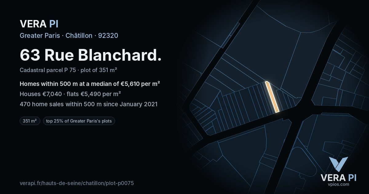 63 Rue Blanchard, Châtillon at night – the plot lit, the parcels around coloured by the prices near them
