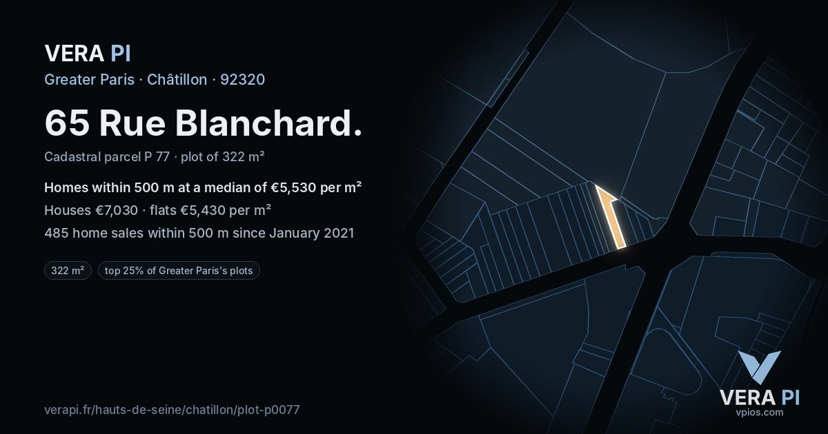 65 Rue Blanchard, Châtillon at night – the plot lit, the parcels around coloured by the prices near them
