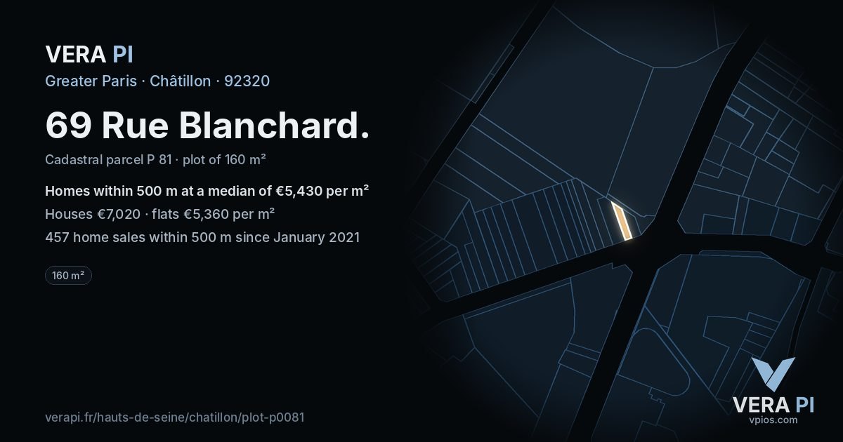 69 Rue Blanchard, Châtillon at night – the plot lit, the parcels around coloured by the prices near them