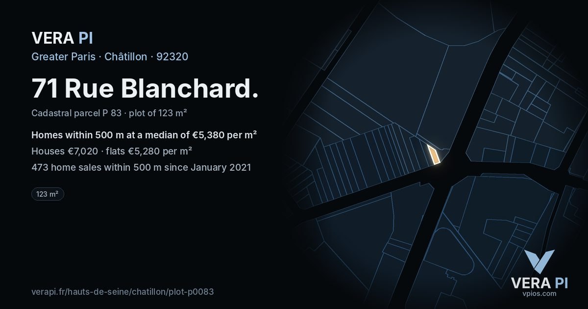 71 Rue Blanchard, Châtillon at night – the plot lit, the parcels around coloured by the prices near them