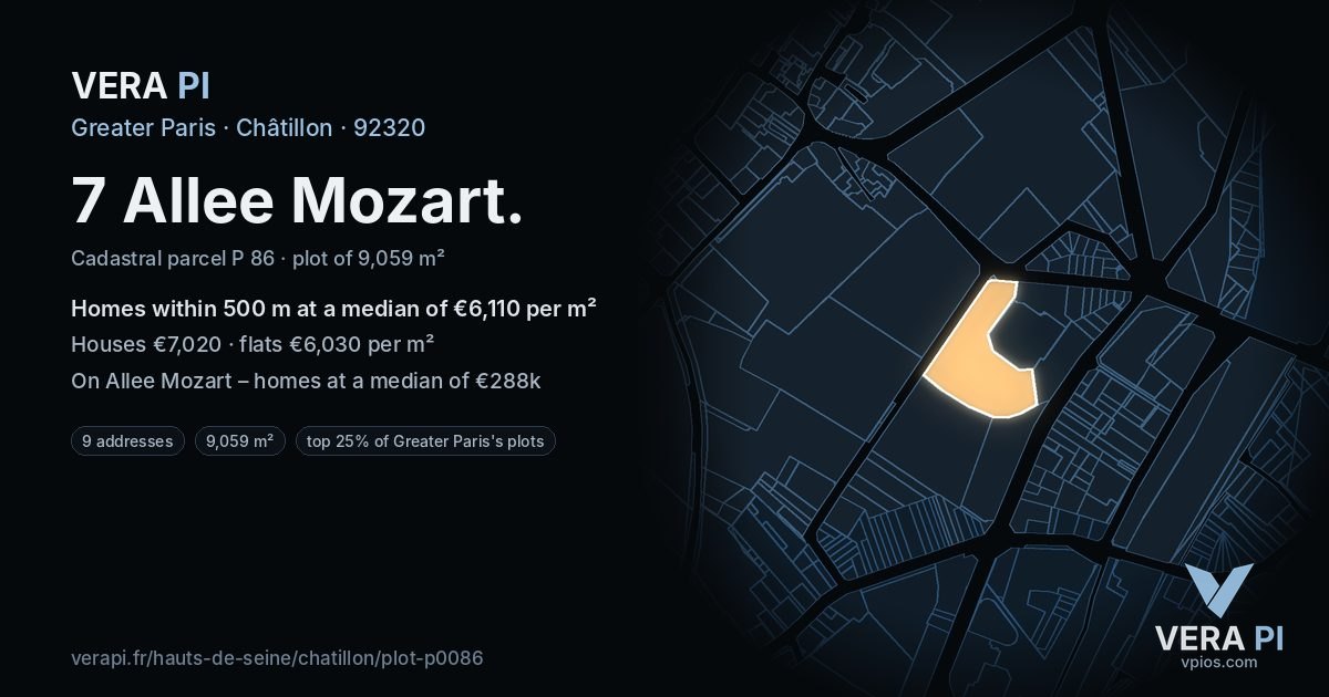 7 Allee Mozart, Châtillon at night – the plot lit, the parcels around coloured by the prices near them