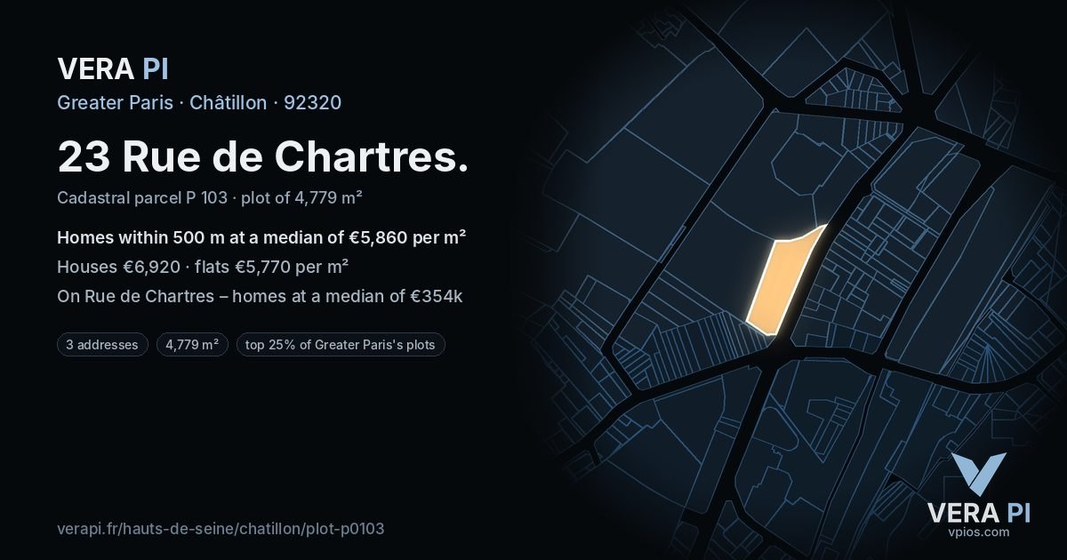 23 Rue de Chartres, Châtillon at night – the plot lit, the parcels around coloured by the prices near them
