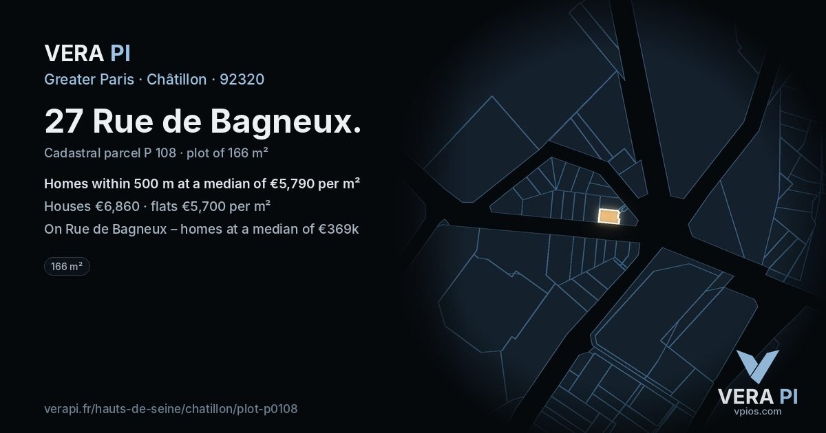 27 Rue de Bagneux, Châtillon at night – the plot lit, the parcels around coloured by the prices near them