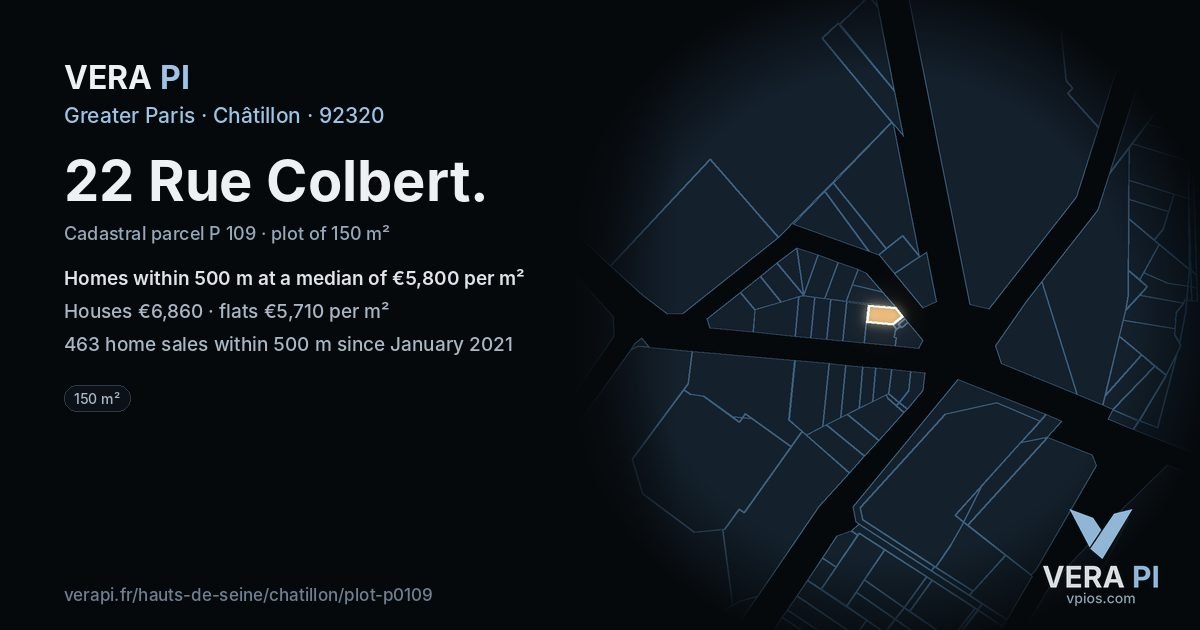 22 Rue Colbert, Châtillon at night – the plot lit, the parcels around coloured by the prices near them