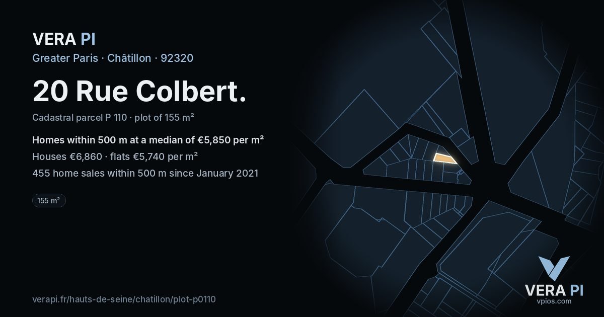 20 Rue Colbert, Châtillon at night – the plot lit, the parcels around coloured by the prices near them