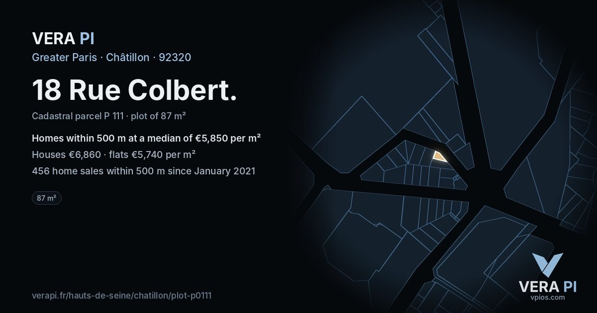 18 Rue Colbert, Châtillon at night – the plot lit, the parcels around coloured by the prices near them