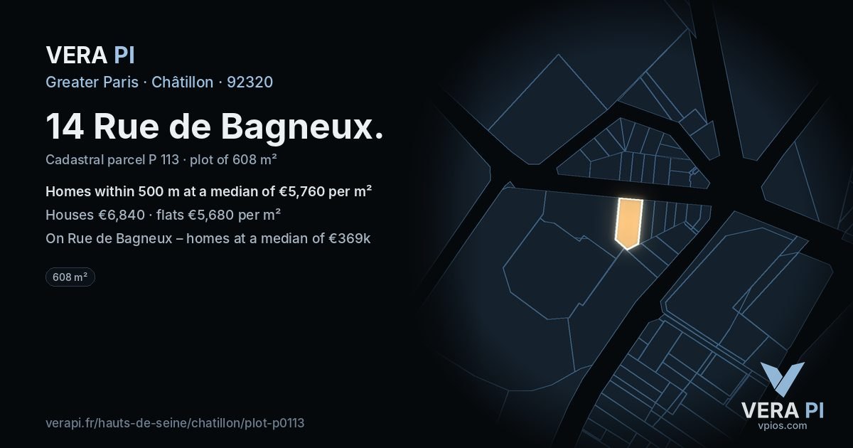 14 Rue de Bagneux, Châtillon at night – the plot lit, the parcels around coloured by the prices near them