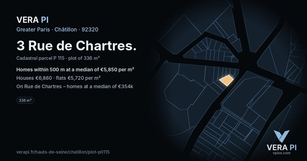 3 Rue de Chartres, Châtillon at night – the plot lit, the parcels around coloured by the prices near them