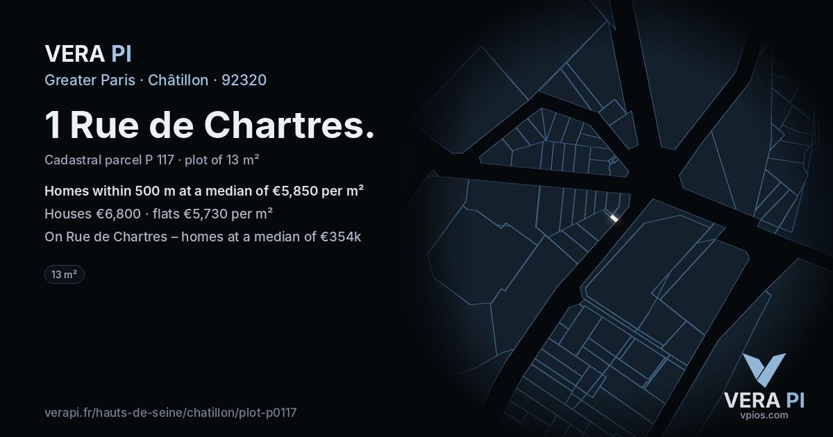1 Rue de Chartres, Châtillon at night – the plot lit, the parcels around coloured by the prices near them