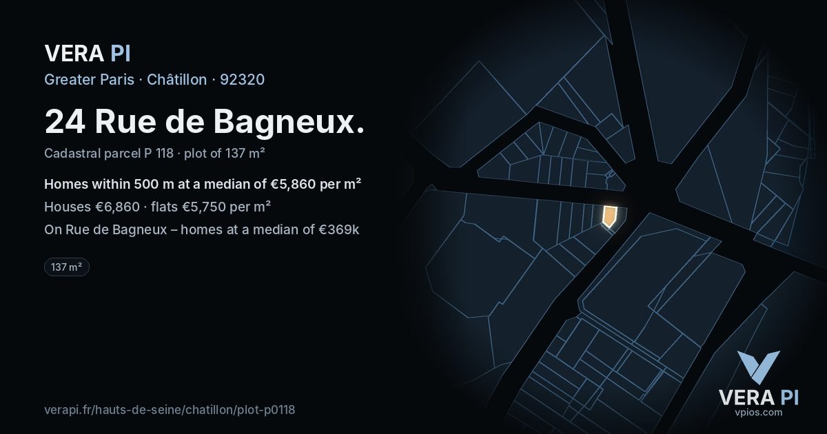 24 Rue de Bagneux, Châtillon at night – the plot lit, the parcels around coloured by the prices near them