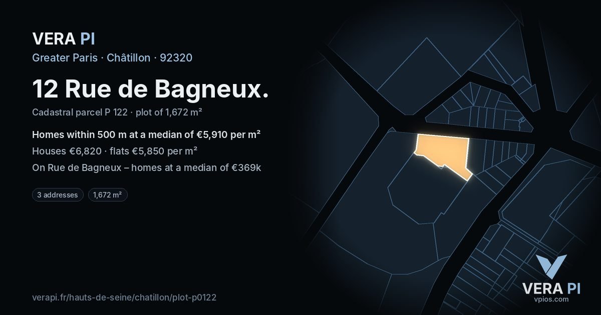 12 Rue de Bagneux, Châtillon at night – the plot lit, the parcels around coloured by the prices near them