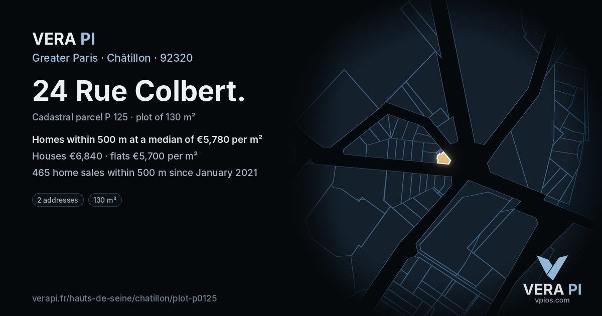 24 Rue Colbert, Châtillon at night – the plot lit, the parcels around coloured by the prices near them