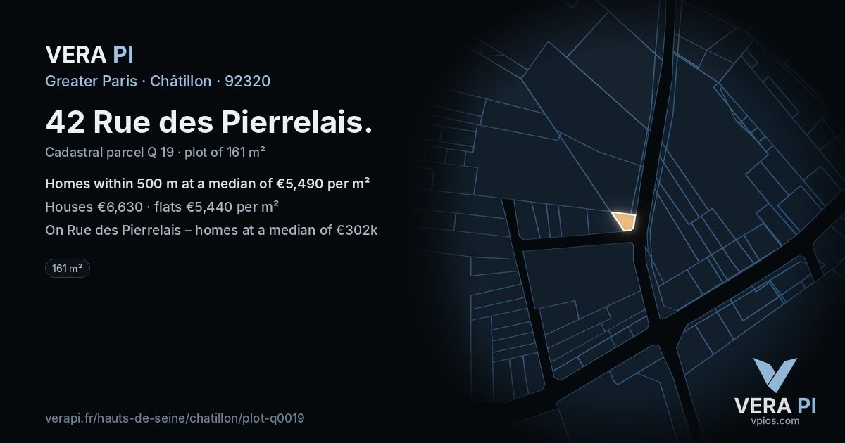 42 Rue des Pierrelais, Châtillon at night – the plot lit, the parcels around coloured by the prices near them