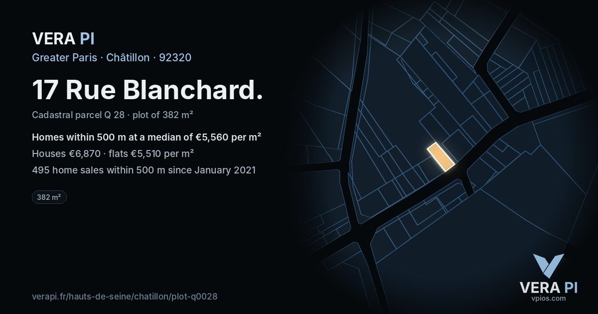17 Rue Blanchard, Châtillon at night – the plot lit, the parcels around coloured by the prices near them