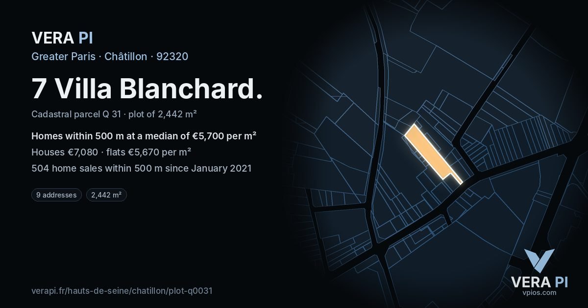7 Villa Blanchard, Châtillon at night – the plot lit, the parcels around coloured by the prices near them