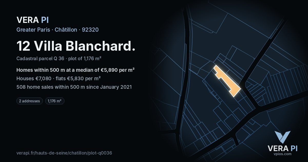 12 Villa Blanchard, Châtillon at night – the plot lit, the parcels around coloured by the prices near them