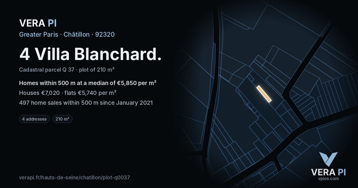 4 Villa Blanchard, Châtillon at night – the plot lit, the parcels around coloured by the prices near them