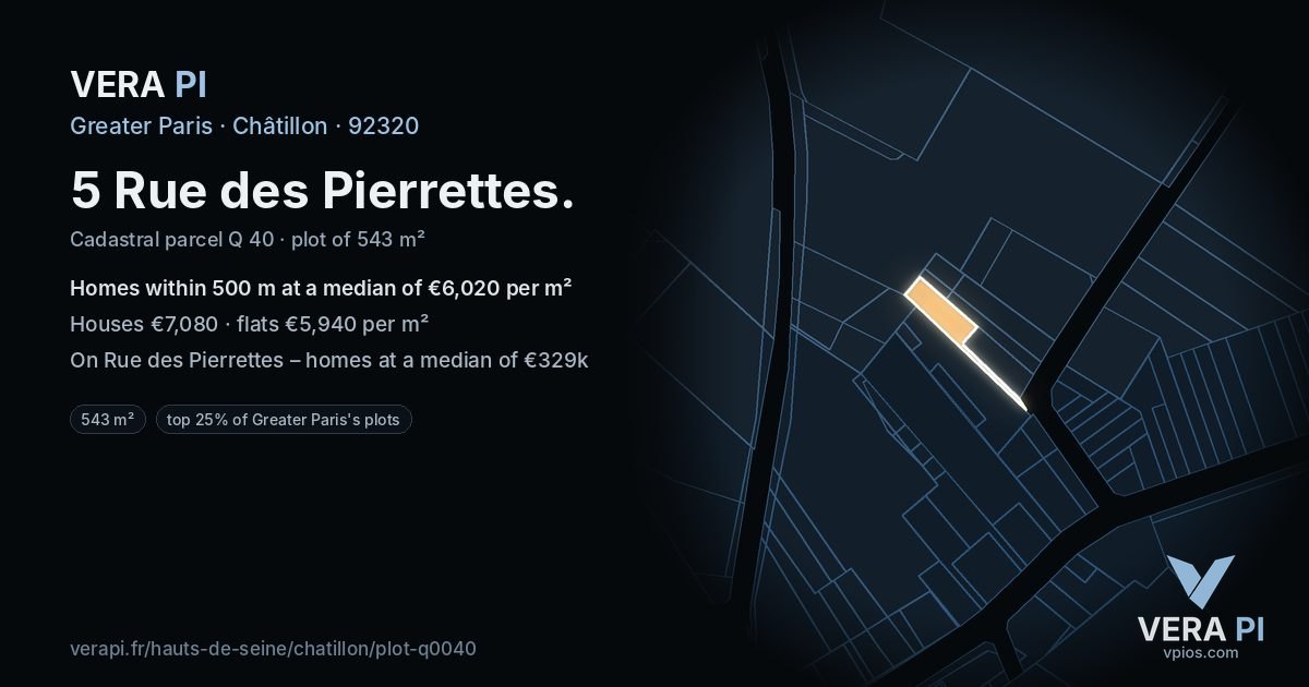 5 Rue des Pierrettes, Châtillon at night – the plot lit, the parcels around coloured by the prices near them