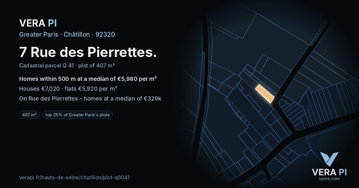 7 Rue des Pierrettes, Châtillon at night – the plot lit, the parcels around coloured by the prices near them