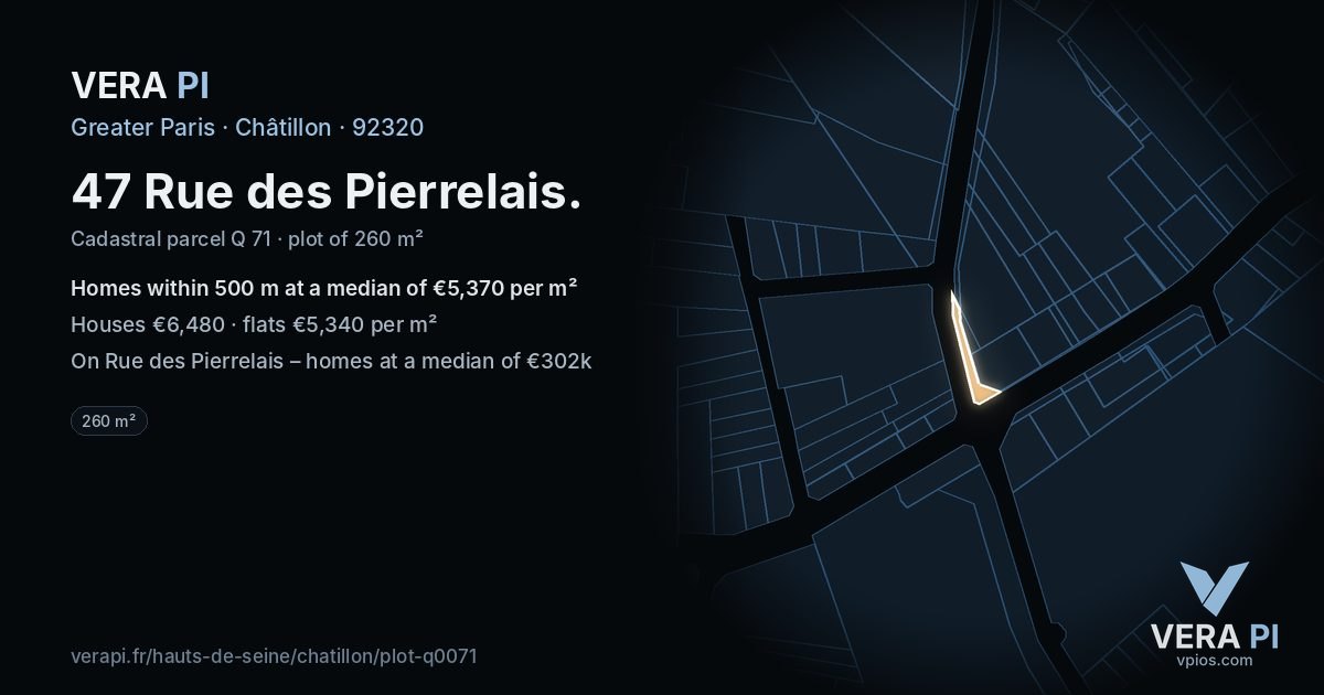 47 Rue des Pierrelais, Châtillon at night – the plot lit, the parcels around coloured by the prices near them