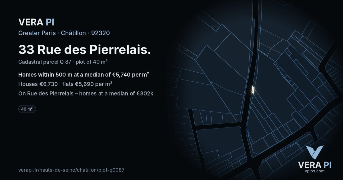 33 Rue des Pierrelais, Châtillon at night – the plot lit, the parcels around coloured by the prices near them